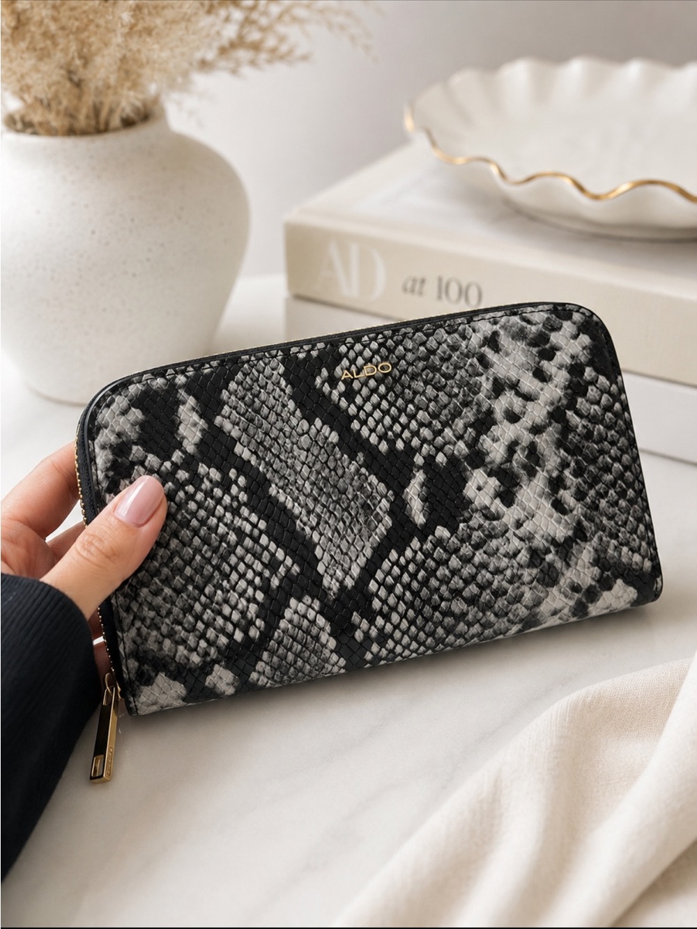 ALDO NWOT Snake Print Zip Around Wallet Black Gray Gold
